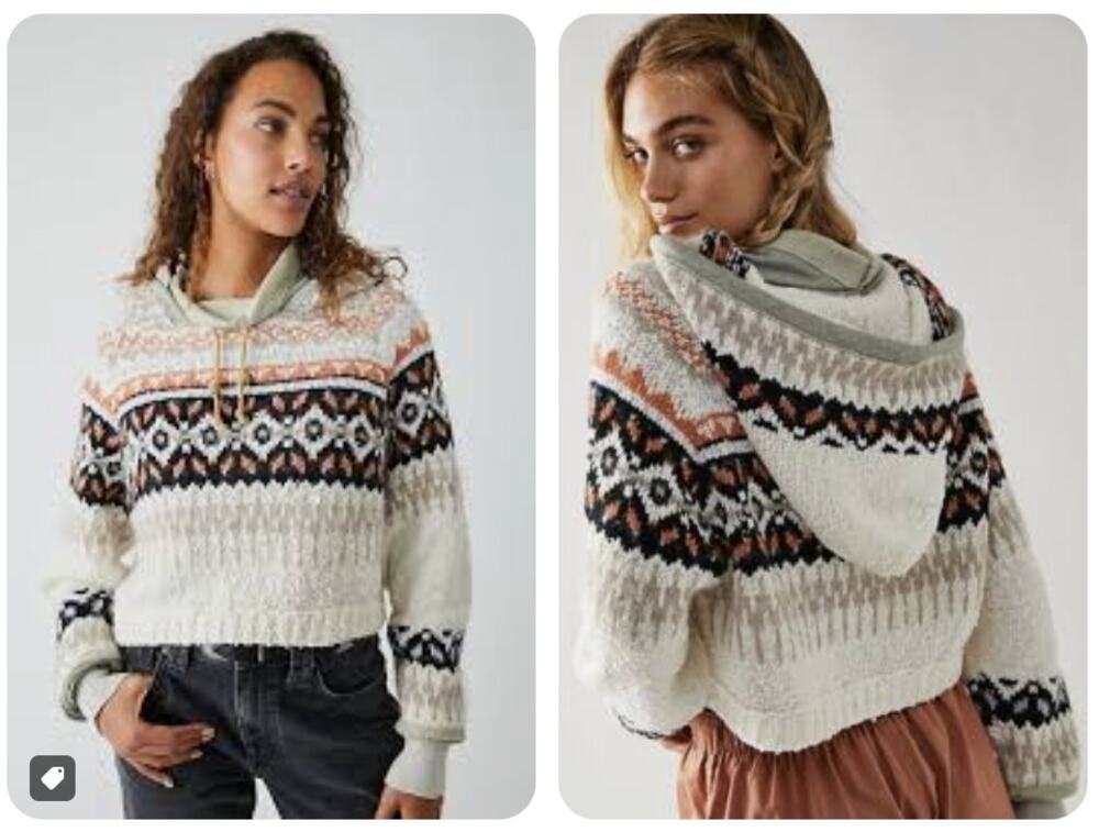 Vintage Free People Fair Isle Knit Cropped Hoodie Sweater Womens M